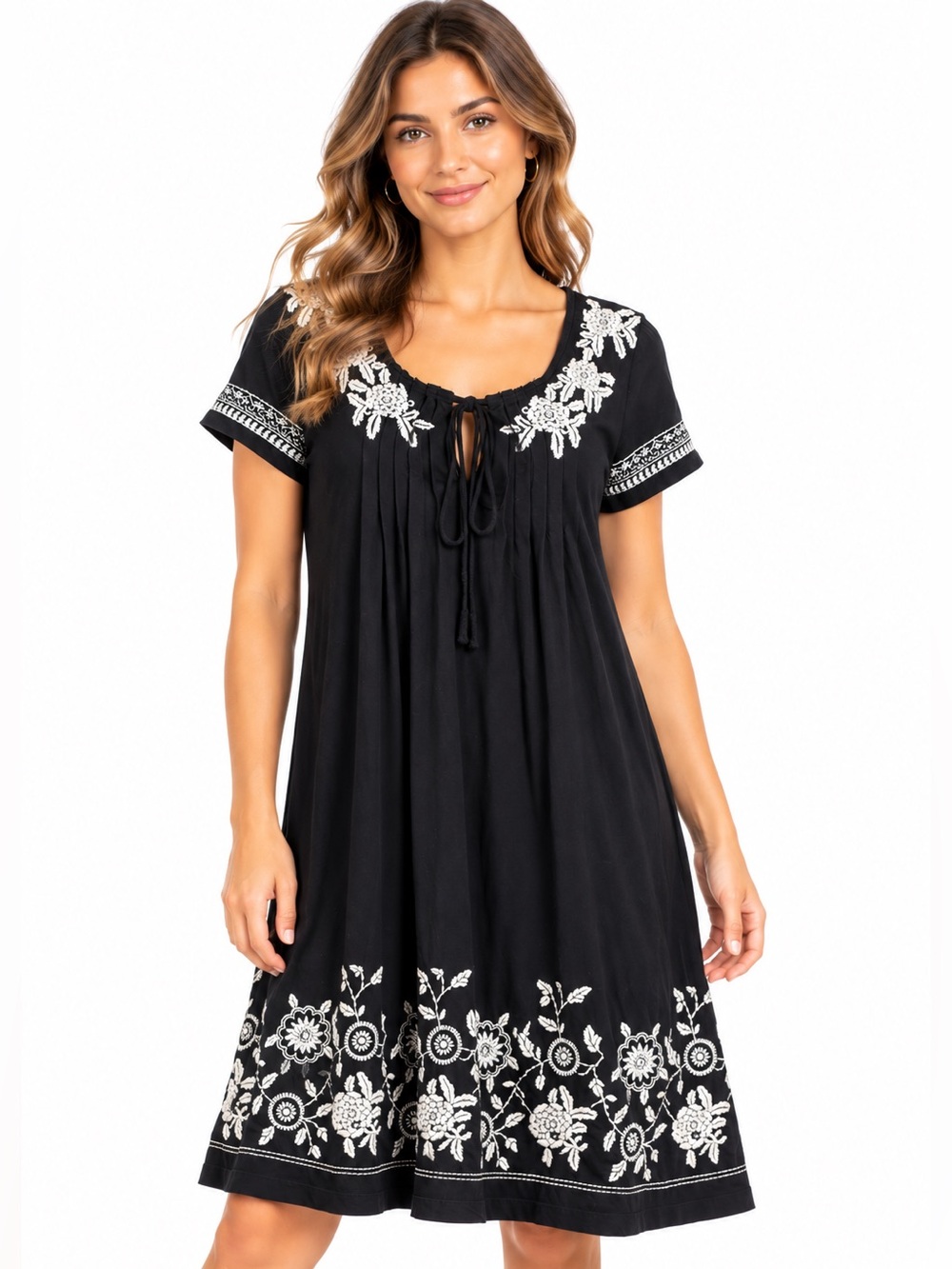 JOHNNY WAS/JW LOS ANGELES Black with Cream Embroidery Cotton Midi Dress Medium